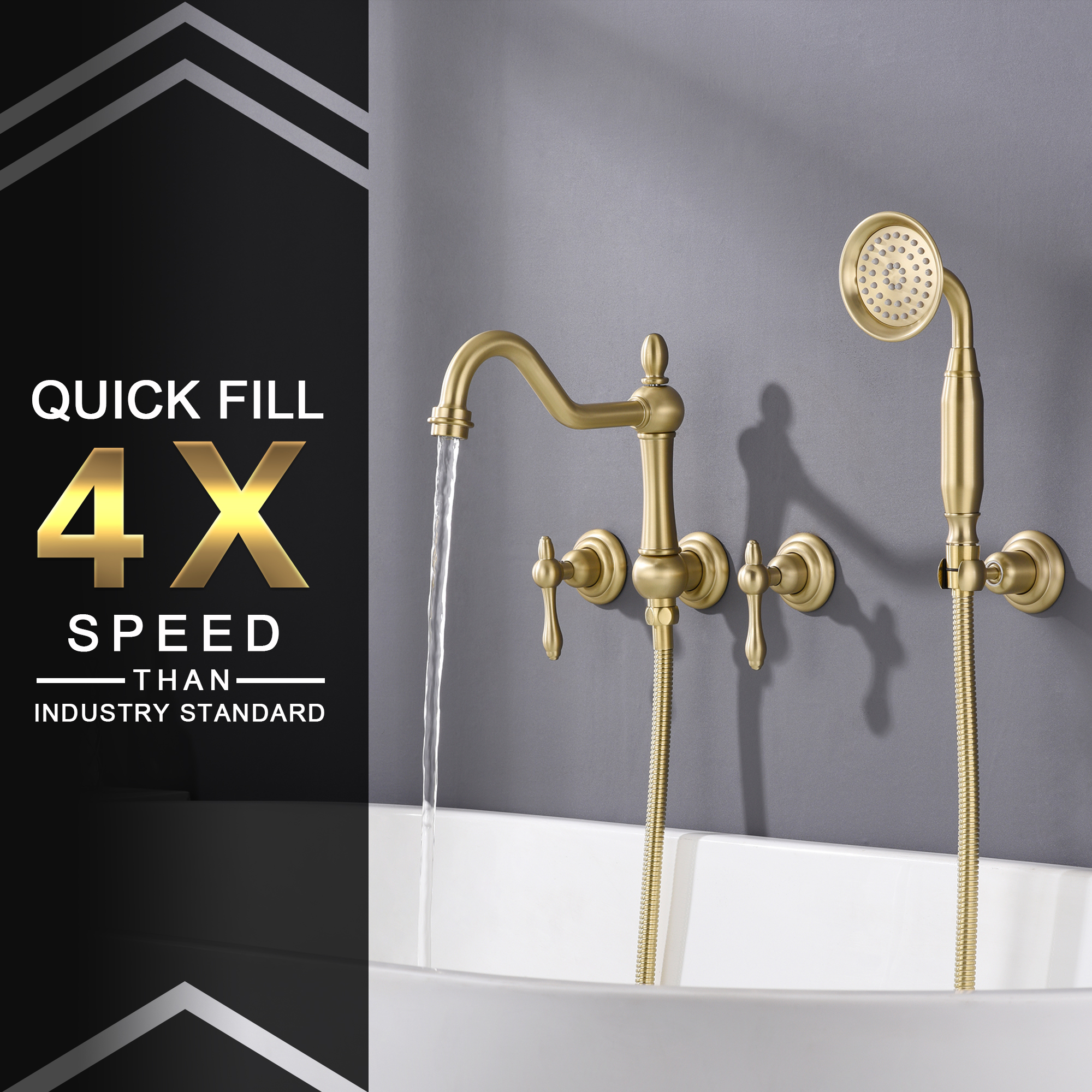 SUMERAIN Brushed Gold Wall Mount Tub Faucet with Hand Shower, Traditional Bathtub Faucet Set Including Rough-in Valve