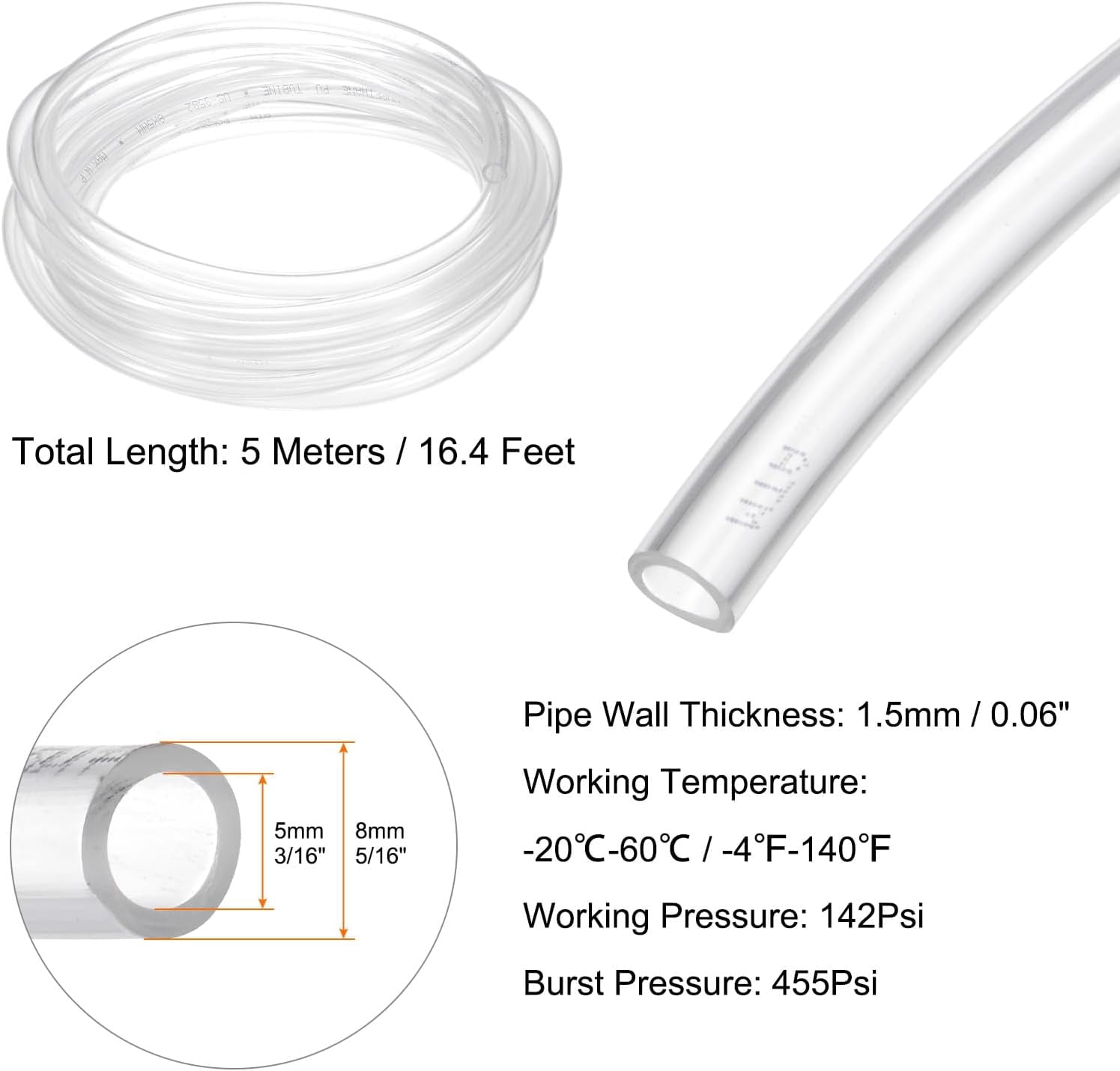 MKEUDQ-Pneumatic Tubing Pipe Pu Hose 8mm OD x 5mm ID 5 Meters(16.4 FT) Air Compressor PU Polyurethane Line Hose Tube for Air Compressor Water Fluid Transfer, Clear