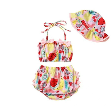 

Infant Baby Girl 3 Piece Bikini Set Halter Sleeveless Swimsuits Top +Swim Shorts +Hat Swimwear Bathing Suit Beach Wear