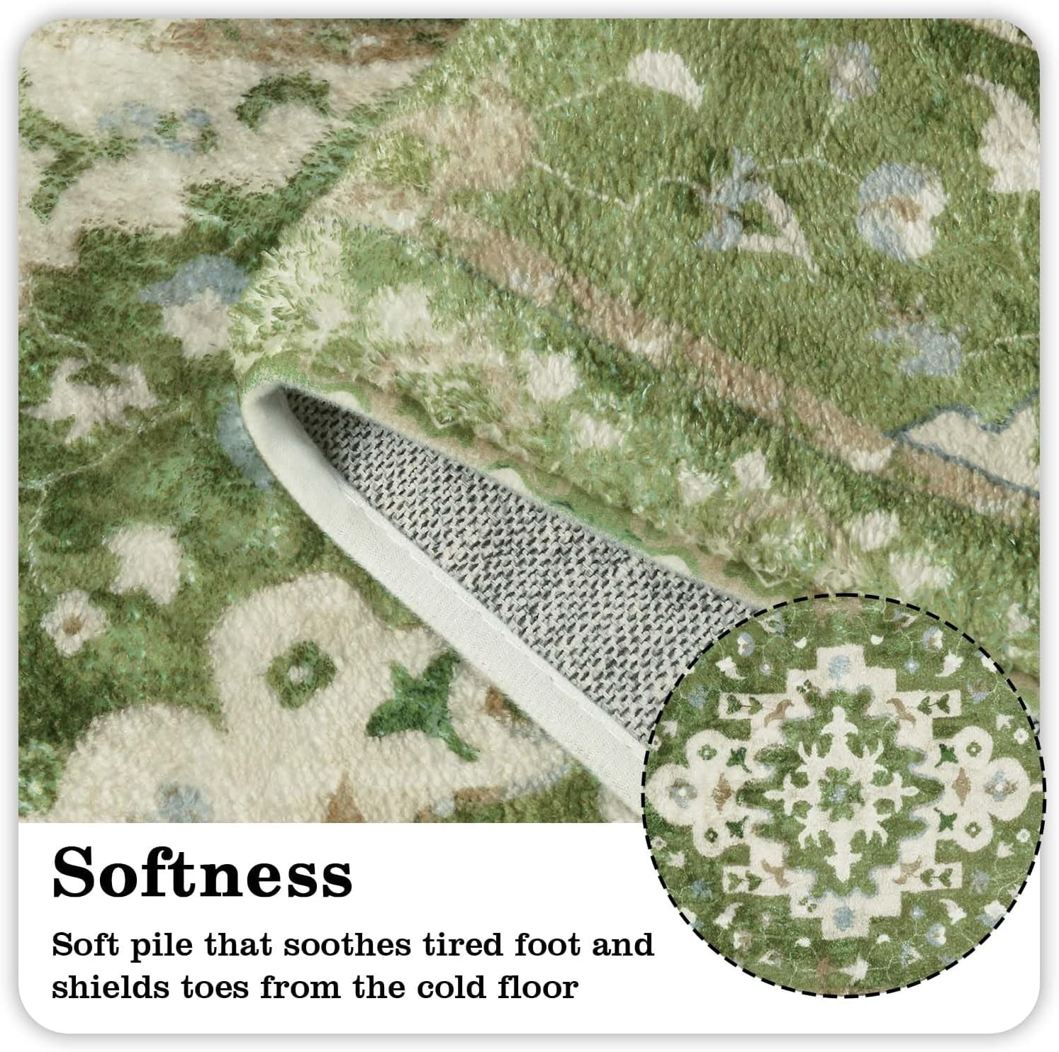 Boho Retro Bathroom Runner Sage Green Non-Slip Soft Long Bathroom Rugs Runner Oriental Tribal Machine Washable Bath Mat Farmhouse Cute Floral Bath Rug for Sink Tub Kids Room, 18x47 inch