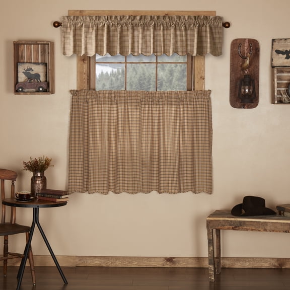 VHC Brands Millsboro 3 PC Khaki Curtain Set (1 Valance 16x72 and 2 Tier 36x36)