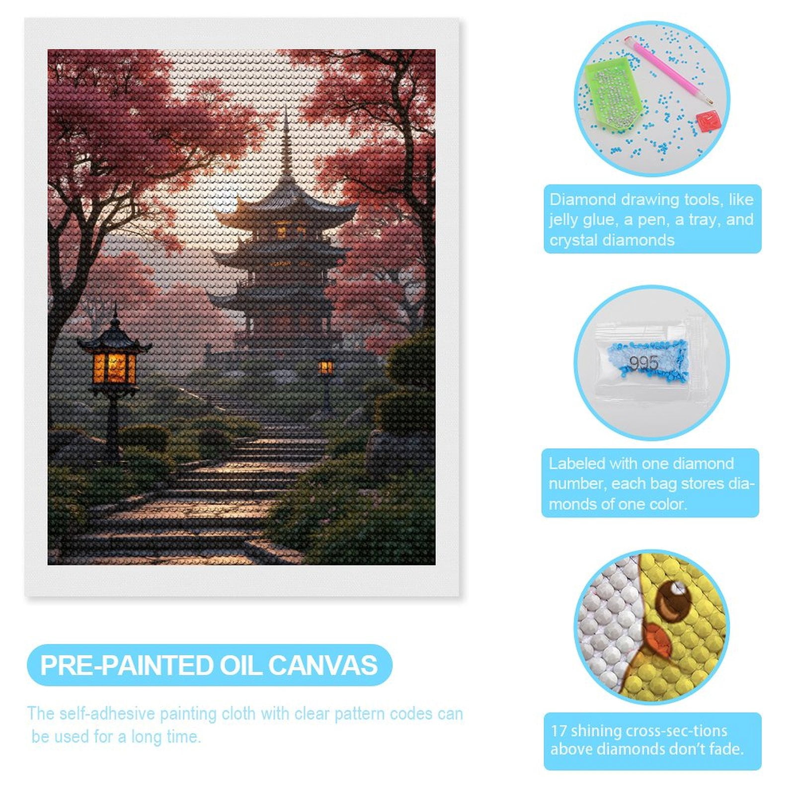 Diamond Art Kits for Adults, Pagoda Pathway Cherry Blossom Serenity 5D Diamond Painting Kits for Adults Beginners, DIY Full Drill Diamond Painting, Gem Art and Crafts 12x16