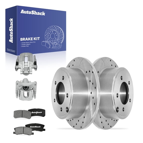 AutoShack Rear Solid Drilled & Slotted Silver Zinc Coated Brake Rotors   Ceramic Pads   Calipers 8-PC Brake Kit Replacement for 2014-2015 Mitsubishi Lancer SilverShield Pro 10.31" (261.8 mm)