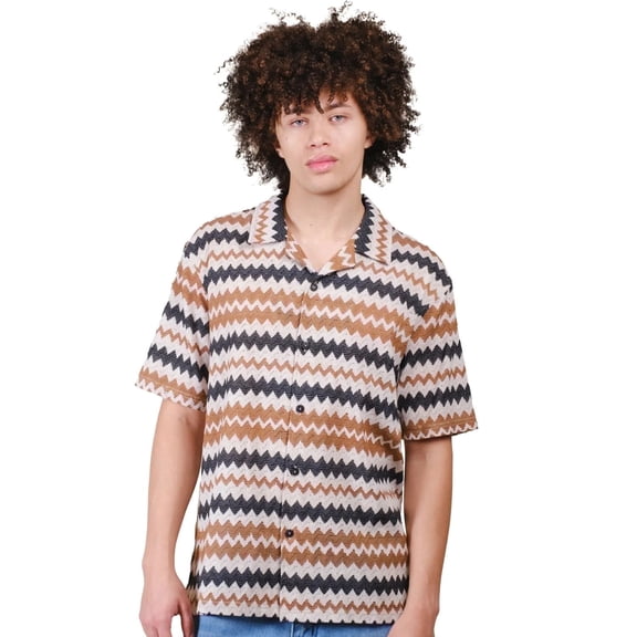 Brooklyn Cloth Men's Zig Zag Jacquard Camp Shirt, Relaxed Fit, Casual, Cream, Small