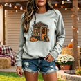 thumbnail image 2 of Women Crew Neck Halloween Witch House Graphic Sweatshirt, Drop‑Shoulder Long Sleeve Loose Pullover, Vintage Retro Fall Holiday Top for Halloween Party Trick‑or‑Treat Daily Wear, 2 of 4