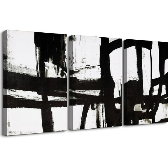 3 Piece Contemporary Canvas Wall Art, Black and White Abstract Pictures Prints Stretched for Living Room Bedroom Home Office Decor Ready to Hang Each Mordern Artwork Framed 12"X16"