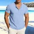 thumbnail image 4 of LMOIPLI Men's Cotton Linen Henley Neck Shirt Summer Loose Fit Short Sleeve Tee Shirts Breathable Vacation Casual Tops with Pocket Sky Blue L, 4 of 8