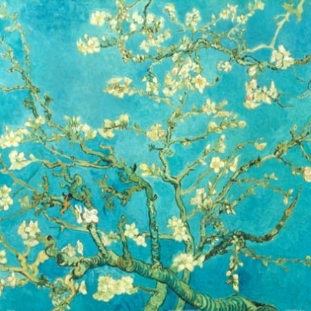 Blue And White Abstract Art Almond Blossom by Van Gogh 24x24 Art Print Poster Abstract Floral Blue Background White Flowers on Tree Stems ()