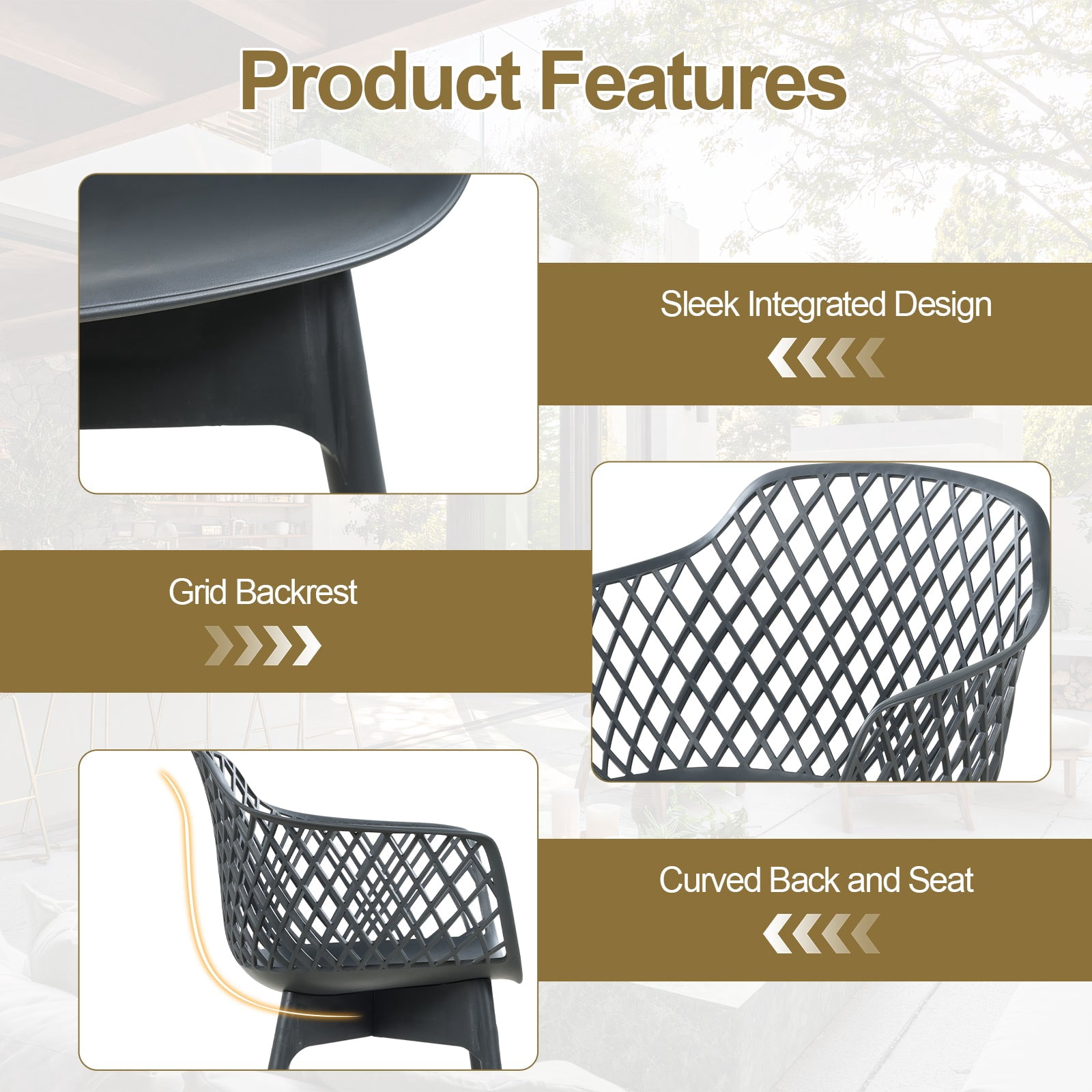Aoodor Modern Dining Chairs Set of 2, Weather-Resistant Plastic Cafe Chairs with Ergonomic Back and Non-Slip Pad, Suitable for Patio, Restaurant, Yard, Porch, Balcony, Grey