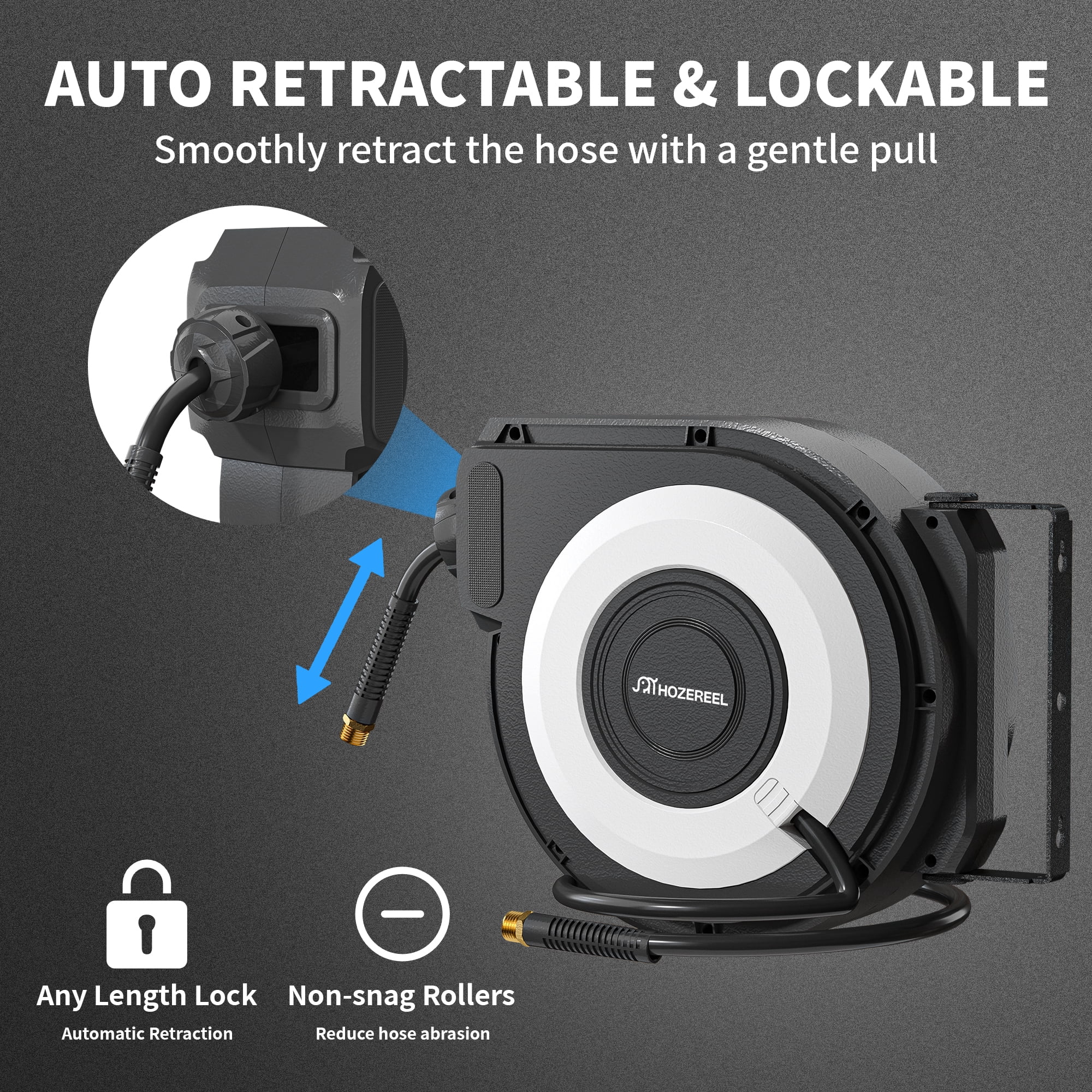 HOZEREEL Retractable Air Hose Reel, 3/8 Inch x 50+5 Ft Hybrid Hose Air Compressor Hose Reel in Max 300 PSI Design, 180°Swivel Bracket Quick Coupler(Black)