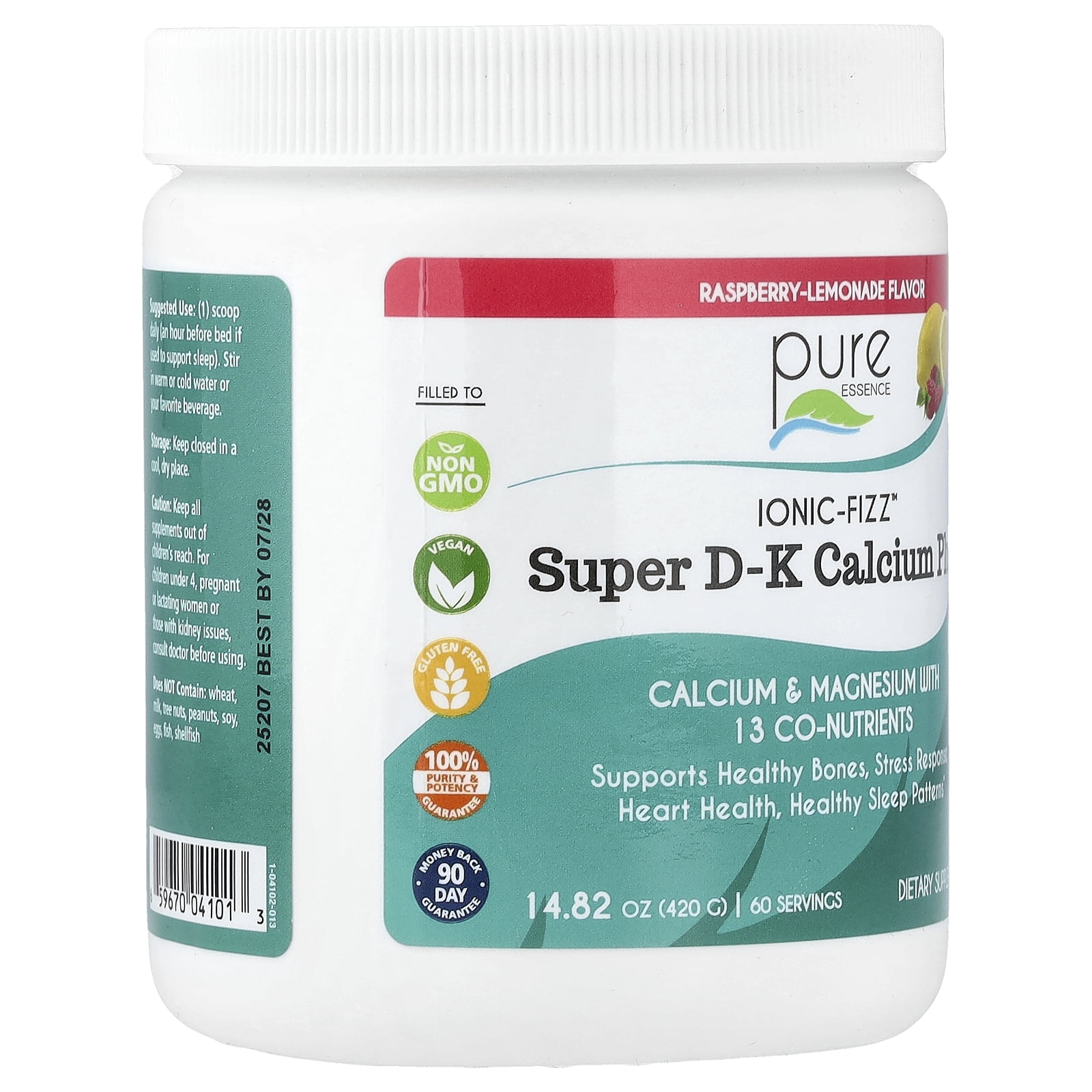 Ionic Fizz Super D-K Calcium Plus - Supplement with Magnesium, Zinc, Potassium, 12 Other Nutrients -Natural Sleep Aid, Anti Stress Powder, Strong Bones by Pure Essence - Raspberry Lemonade - 14.82 oz