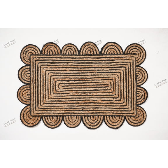 Rectangle Rug Natural Jute Rug Hand Braided Beige and Black Color Rounding Line Area Rug