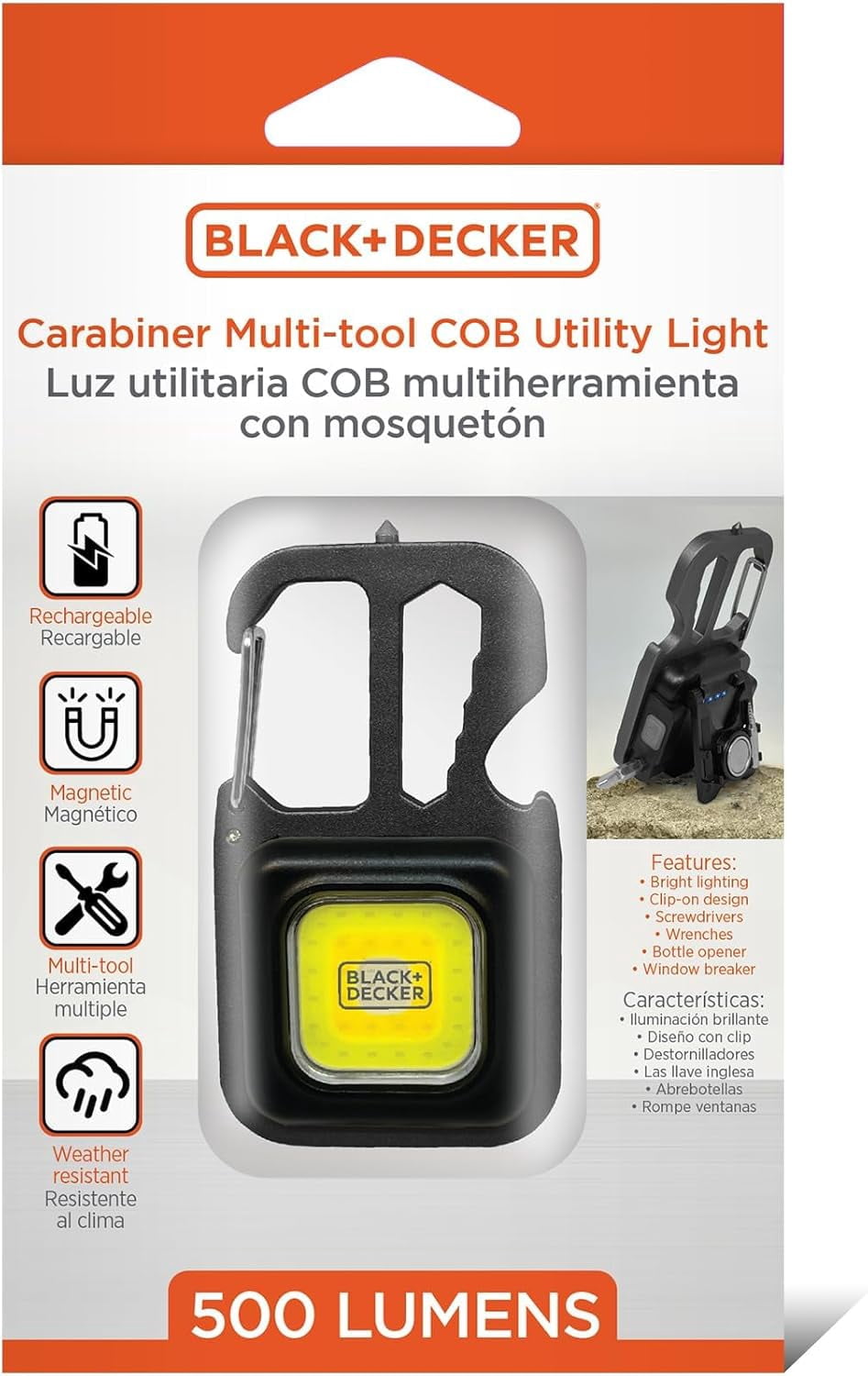 BLACK+DECKER Multi-Tool Flashlight, 500LM Carabiner USB Rechargeable Multitool with Wrench, Screwdrivers, Bottle Opener, Glass Breaker, Clip-On, Magnetic, Stand, IP44 Weather-Resistant (Two Pack)