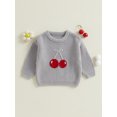 thumbnail image 2 of aturustex Little Girls Thick Cozy Sweater 6M 12M 18M 2T 3T 4T 5T Toddler Cherry Embroidery Knitted Pullovers Crew Neck Sweaters Sweatshirts Long Sleevon Cute Fall Winter Loose Casual Clothes, 2 of 7