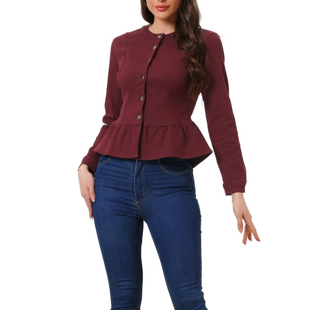 Chaquetas de mezclilla para mujer INSPIRE CHIC, con botones, dobladillo peplum, mangas largas, chaquetas de jean cortas, burdeos, talla M