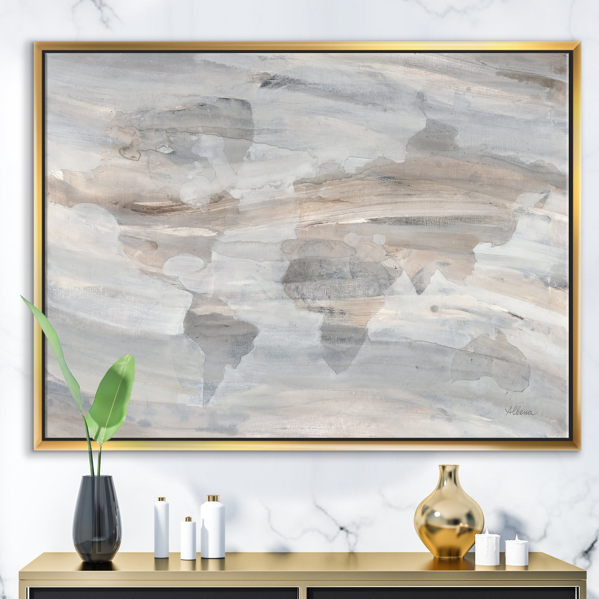 Designart ' Misty World Map ' Glam Map Framed Canvas