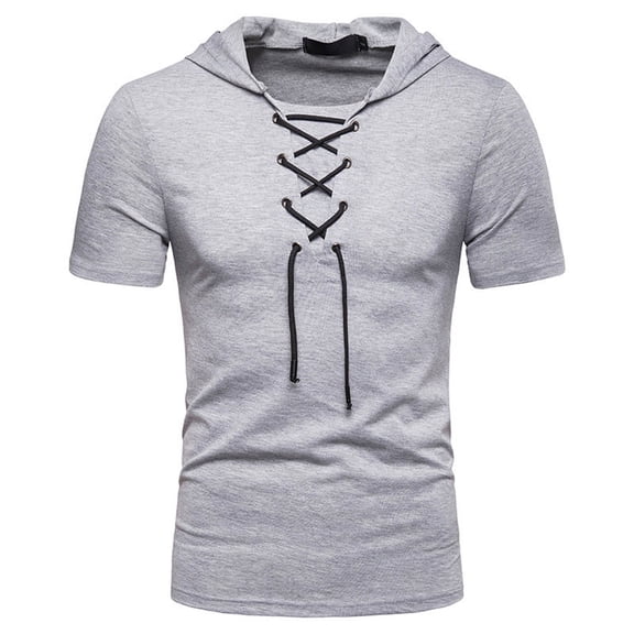 FRSASU Men's Casual Lace Up T-Shirts Retro V-Neck Hoodie Short Sleeve Outdoor Sports Hooded Pullover Tee Gray