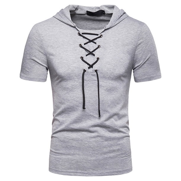 Ceisia Men's Slim Fit Short Sleeve Hooded Top Ribbed Texture Lace-Up Design Spring Summer Shirt Gift
