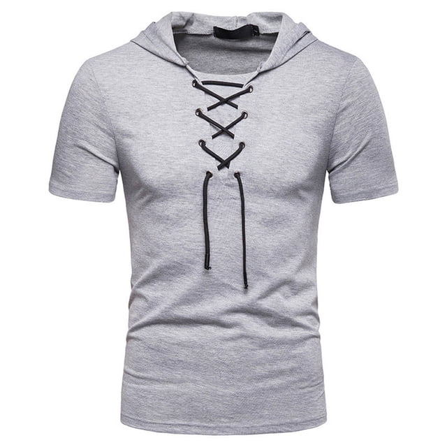 Ceisia Men's Slim Fit Short Sleeve Hooded Top Ribbed Texture Lace-Up Design Spring Summer Shirt Gift