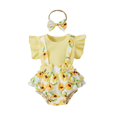 

EHTMSAK Infant Baby Toddler Girl 3PCS Bow T Shirts and Floral Suspender Shorts Set Outfits Summer Ruffle Short Sleeve Clothing Set with Headband Yellow 6M-18M 70