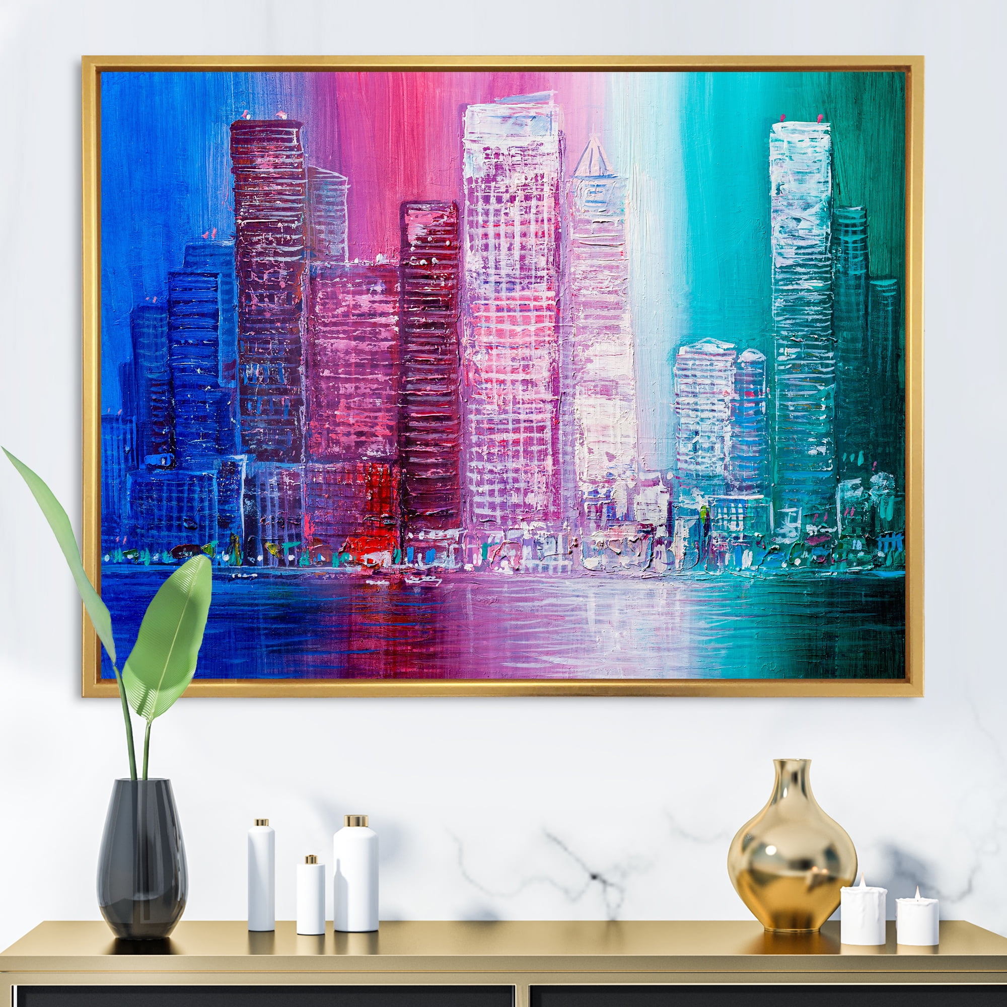 Designart 'Abstract Style Cityscape Panorama Skyscrapers II' Modern Framed Canvas Wall Art Print