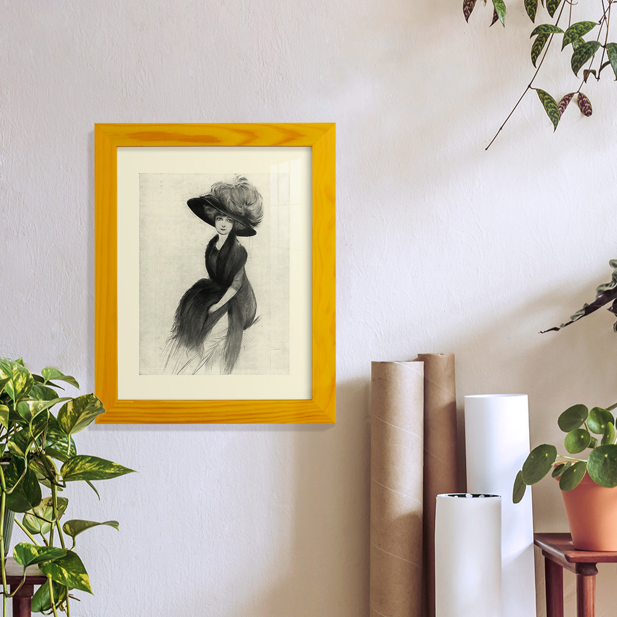 Feather Hat II -Framed Print w/glass-Sunflower Yellow