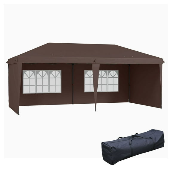 SAZYY 10'x20' Pop Up Outdoor Party Tent with 4 Removable Sidewalls, Wedding & Event Canopy with Carry Bag, Coffee