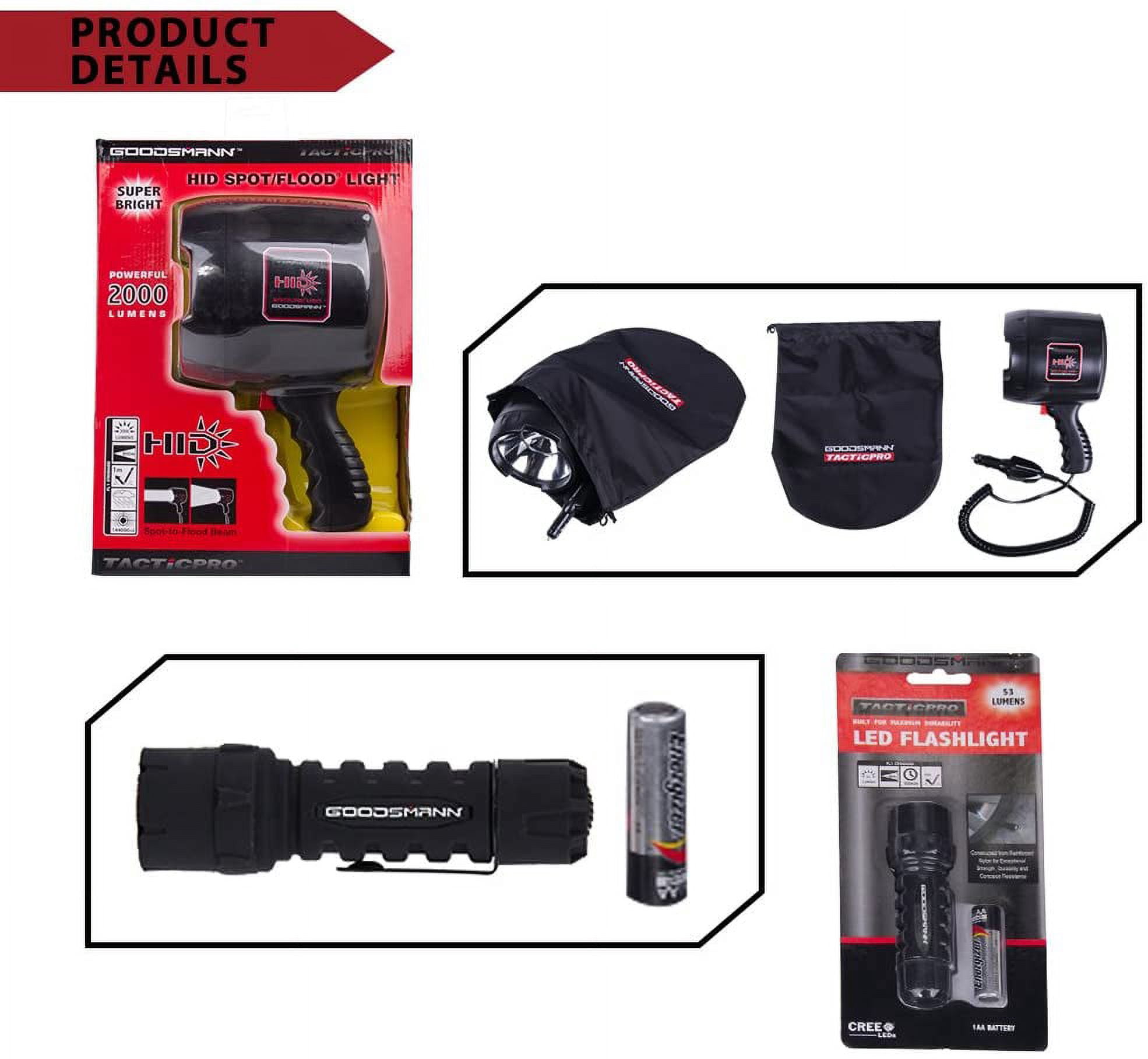 Goodsmann TACTICPRO Lighting Set (Goodsmann TACTICPRO Powerful 2000 Lumen HID Spotlight 9924-0011-06 + Goodsmann Tacticpro LED Flashlight 9924-0011-01)