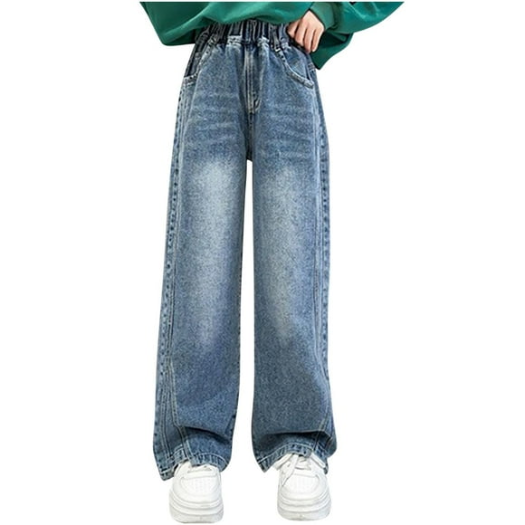Odeerbi 3-16 Años Niñas Pantalones Vaqueros Pata Ancha de Color Sólido Pantalones Vaqueros de Cintura Alta Sueltos Con Bolsillo