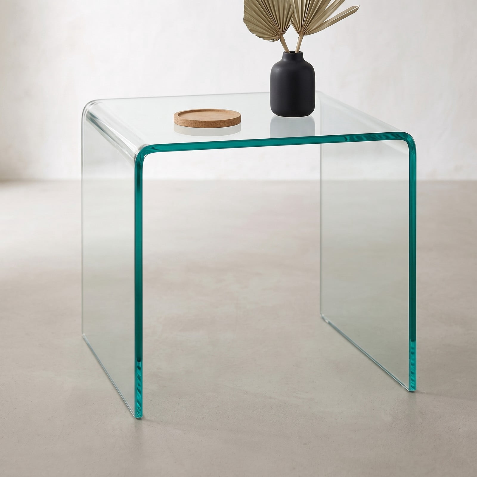 Furnibear 16 Inch Tempered Glass Waterfall End Table, Modern C-Shaped Side Table with Non-Slip Pads for Living Room Bedroom Office, 66 lbs Capacity, Clear Transparent