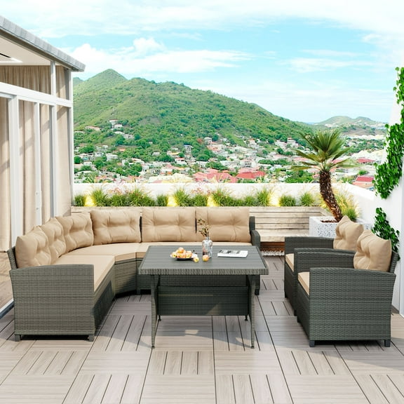 SYNGAR 6 Piece Outdoor Conversation Sets, Patio Rattan Dining Set, Sectional Furniture Set with Beige Cushions and Wood Tabletop, All Weather PE Wicker Sofa Sets for Poolside, Backyard, Garden, D7038