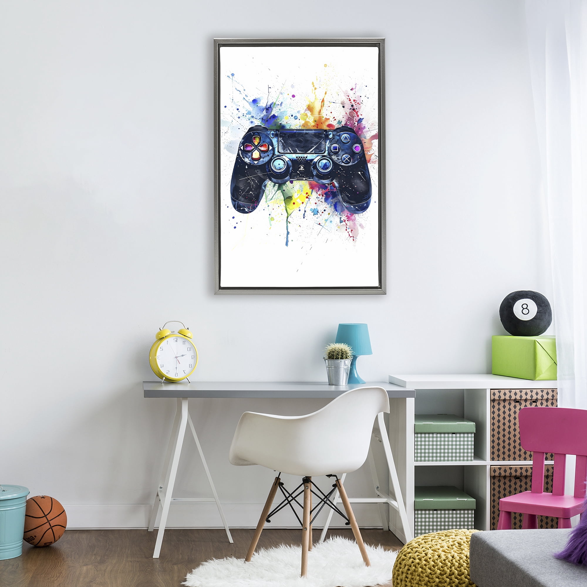 Stupell Industries Colorful Gaming Controller Splatter Gray Framed Floater Canvas Wall Art, design by Creative Studio