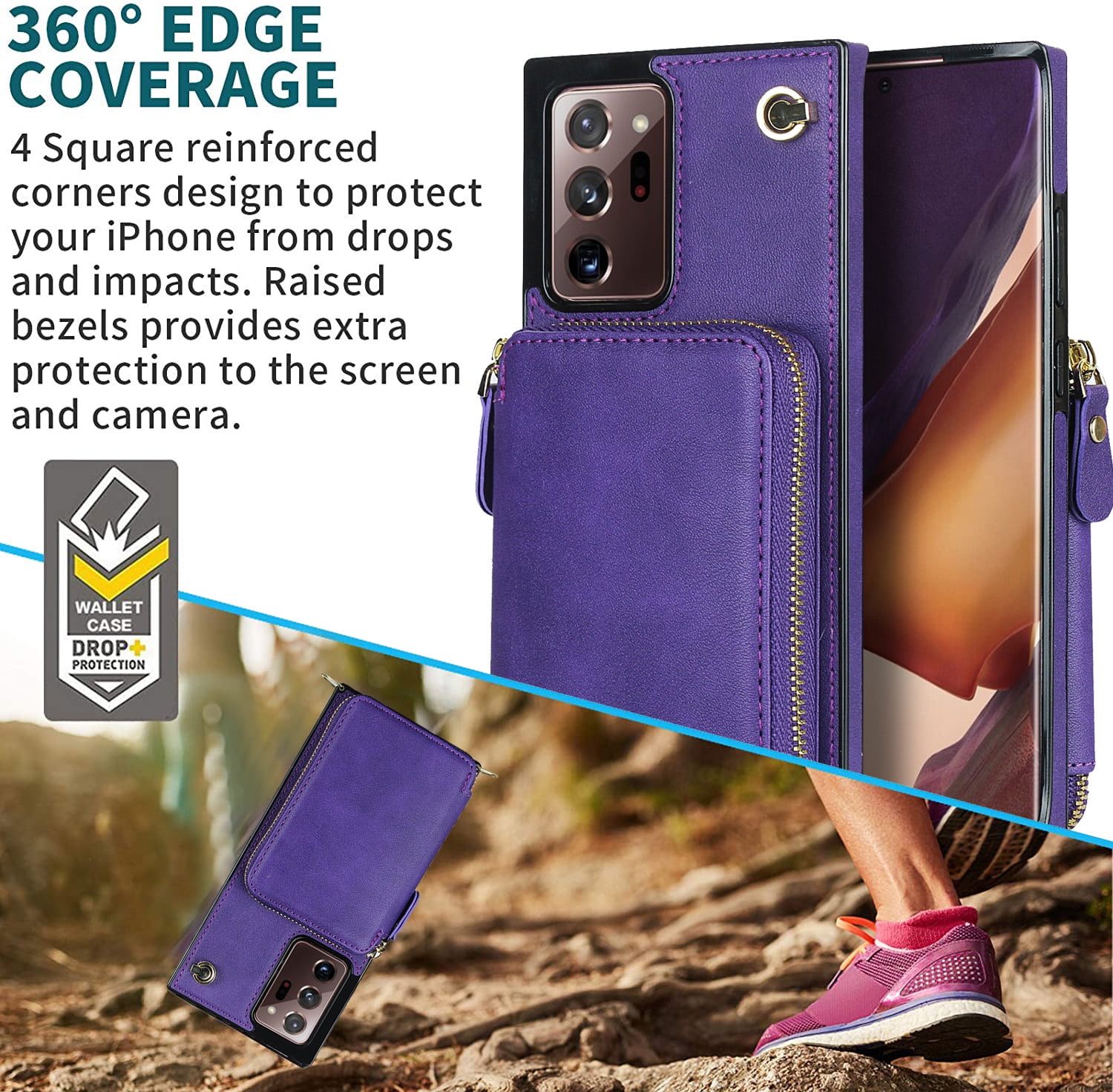 TECH CIRCLE For Galaxy Note 10+ Wallet Case,Card Holder Phone Case for Women, Zipper PU Leather Purse Kickstand Folio Flip Case with Crossbody Strap for Samsung Galaxy Note 10 Plus 5G 6.8” 2019,Purple