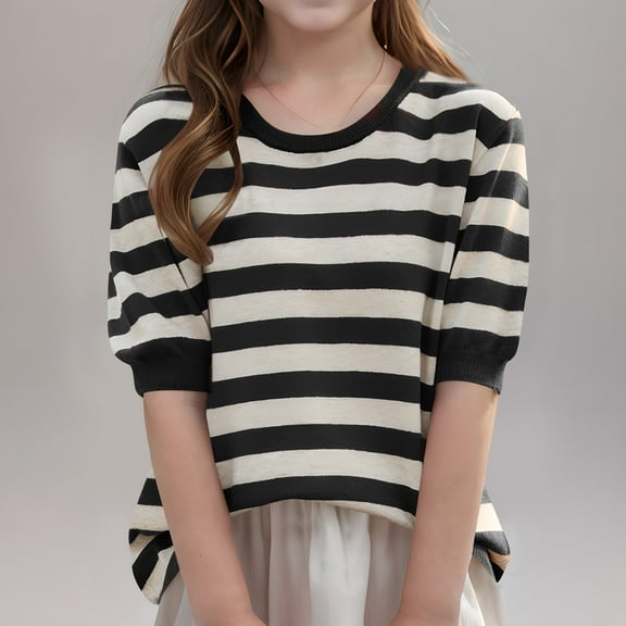 BRGZLK Boys Girls Fall Short Sleeve Sweater Classic Striped Graphic Round Neck Loose Comfort Knit Pullover Top Black 8-9 Years