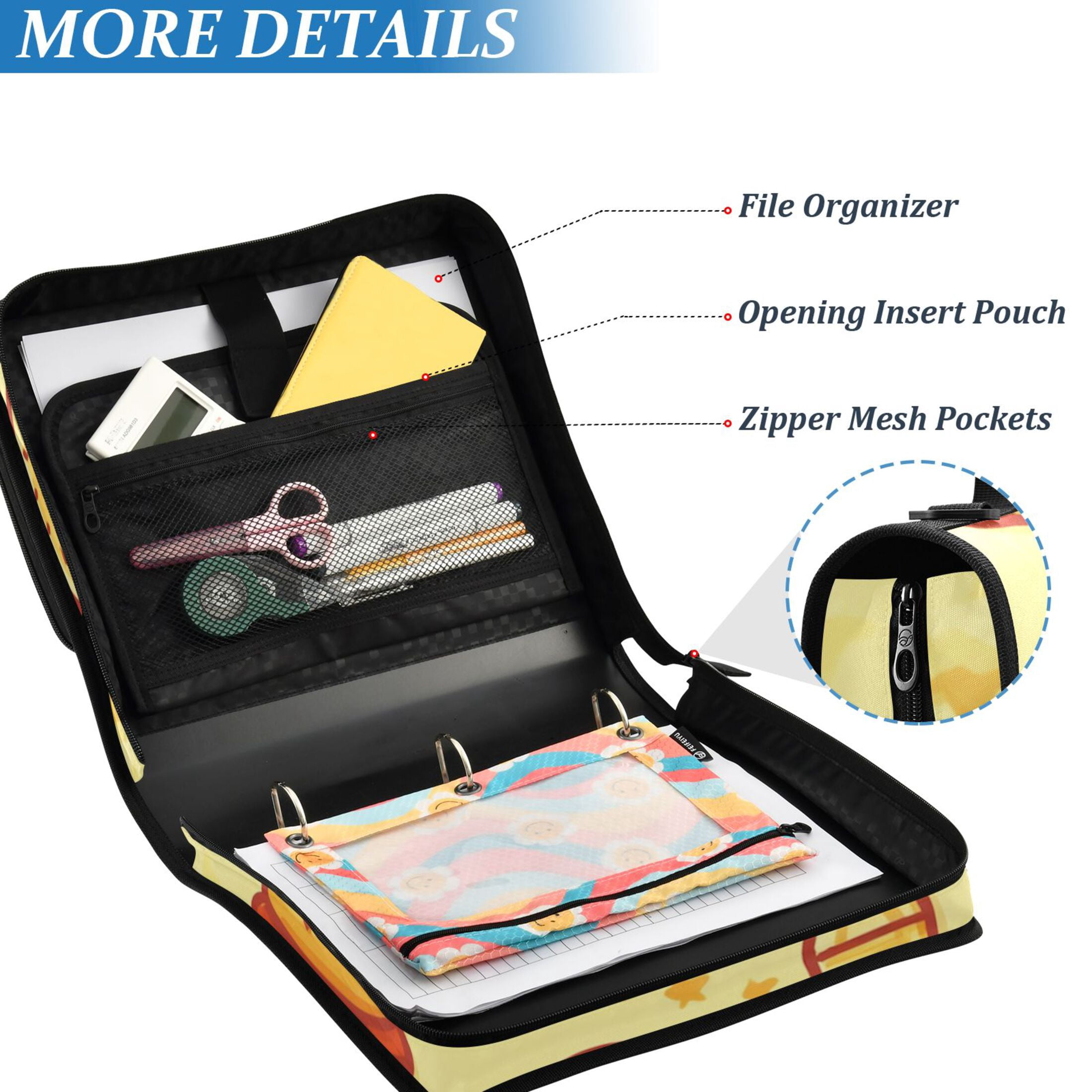 3 Ring Zipper Binder with Shoulder Strap Waterproof Trapper Keeper 2 Inch D-Ring 500 Sheets Capacity Chicken Burger and Fries