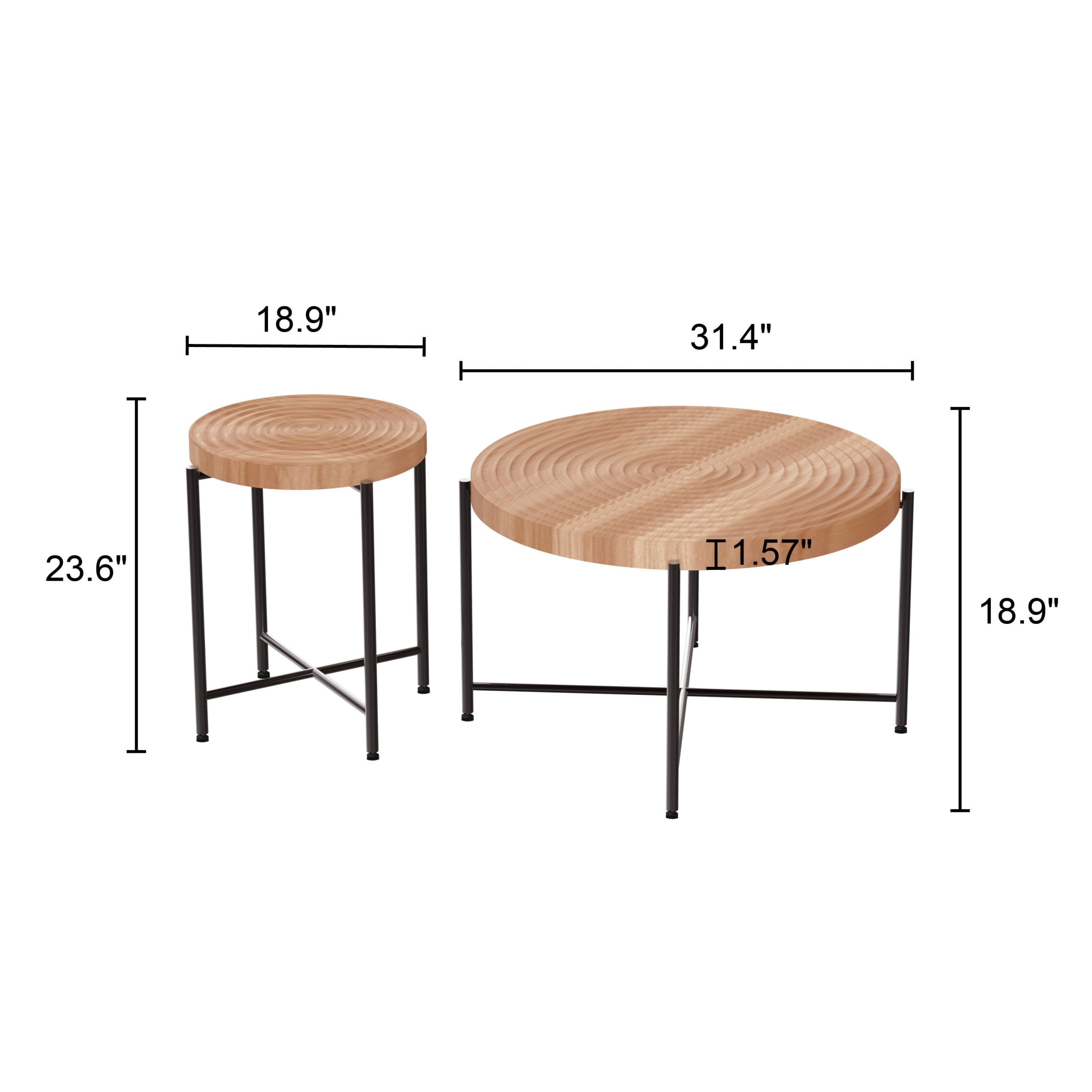 GDF Studio 2-Piece Coffee and End Table Set with Radial Ring Pattern Tabletops, Black Metal Legs, Brown