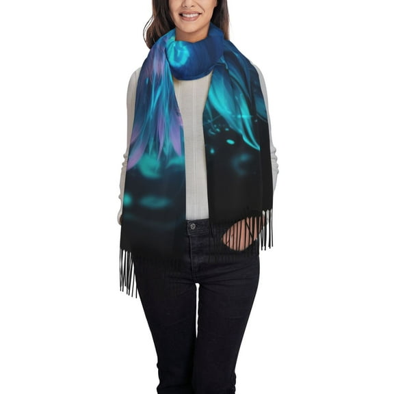 Gaeub Futuristic Blue Light Wolf Print Tassel Scarf,Wraps Scarves for Women,Winter Scarf,Cold Weather Shawls,Ideal for Travel