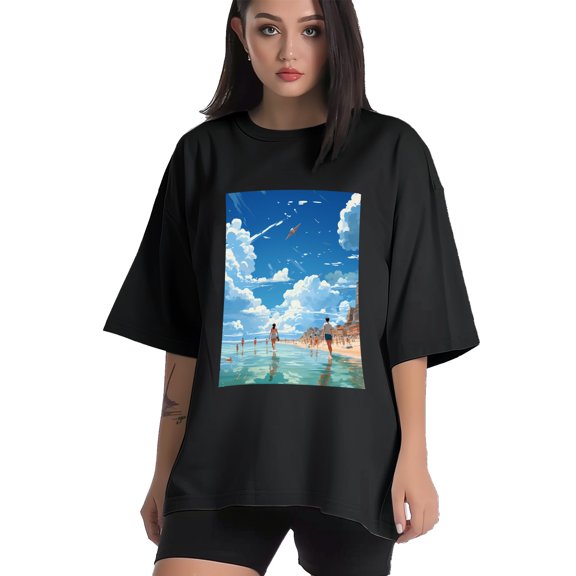 Plus Size Shirt for Women Black Tops for Women Short Sleeves Shirt for Women Seaside (17) T Shirt Crewneck Shirt for Women XS