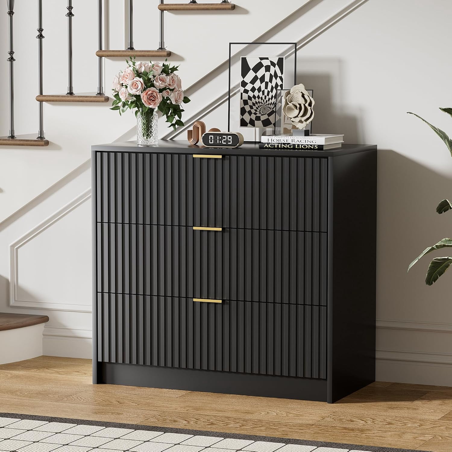 Black Dresser for Bedroom, Modern Dresser with 3 Drawers and Smooth Slides, Wide Chest of Drawers with Golden Handles for Bedroom, Living Room, Closet, 15.7" D x 31.5" W x 29.6" H
