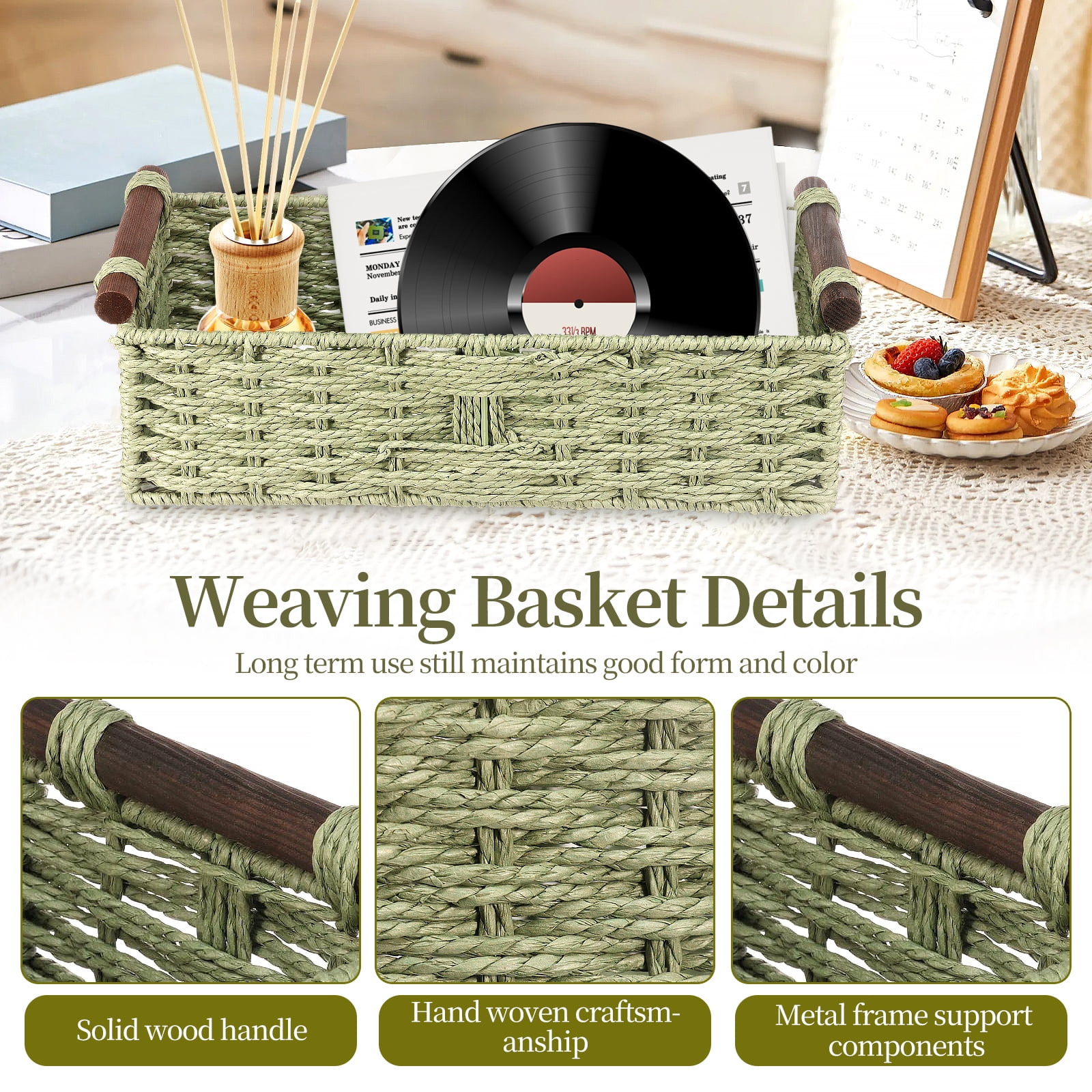 Dznils Wicker Toilet Paper Storage Basket with Handle, Bathroom Towel Organizer, Green, Set of 2