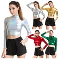 thumbnail image 2 of Luwomo Women Long Sleeve T Shirts Performance Slim High Neck Glossy Crop Solid Color Dance Yoga Ladies Blouses, 2 of 5