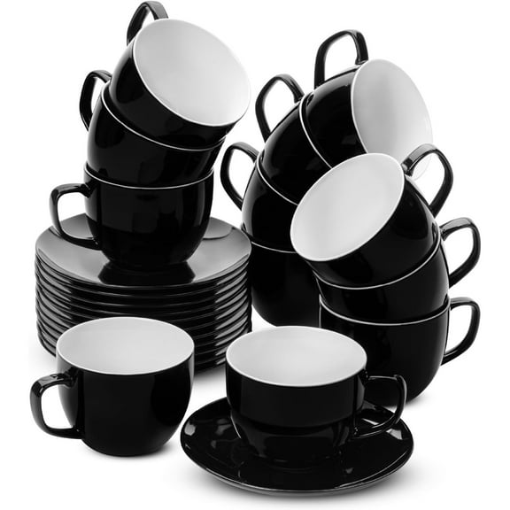 Tea Cups and Saucers, Set of 12, 8oz, Black, Porcelain Tea Set for Adults, Cappuccino Cups
