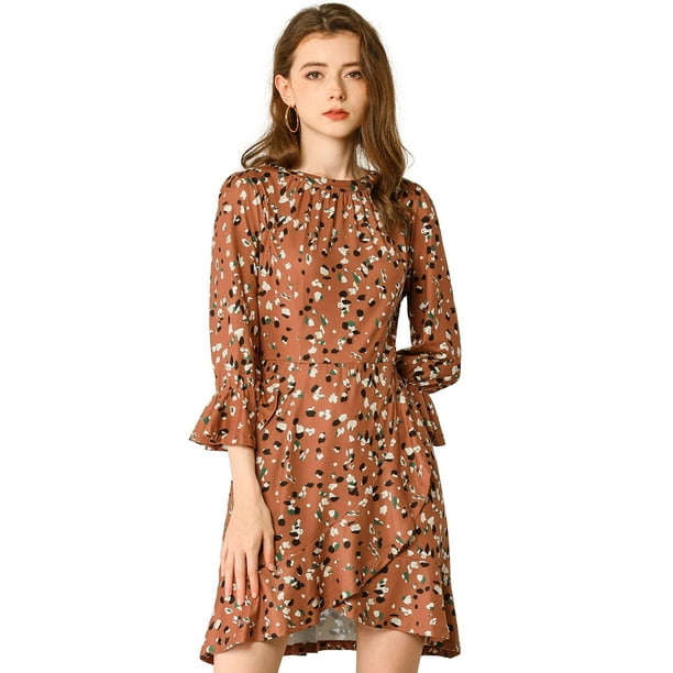 INSPIRE CHIC Vestido De Patinadora Leopardo Dobladillo Asimétrico 3/4 Mangas De Campana Para Mujer Marrón XS
