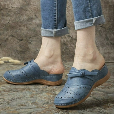 

Women Lace-up Closed Toe Comfortable Slip On Solid Color Wedge Slippers Sandals