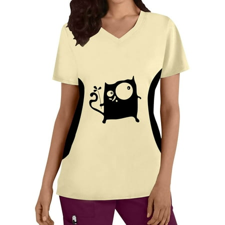 

TAIAOJING Women Scrubs Top Plus Size Top V Neck Short Sleeved Cats Prints T Shirt Blouse