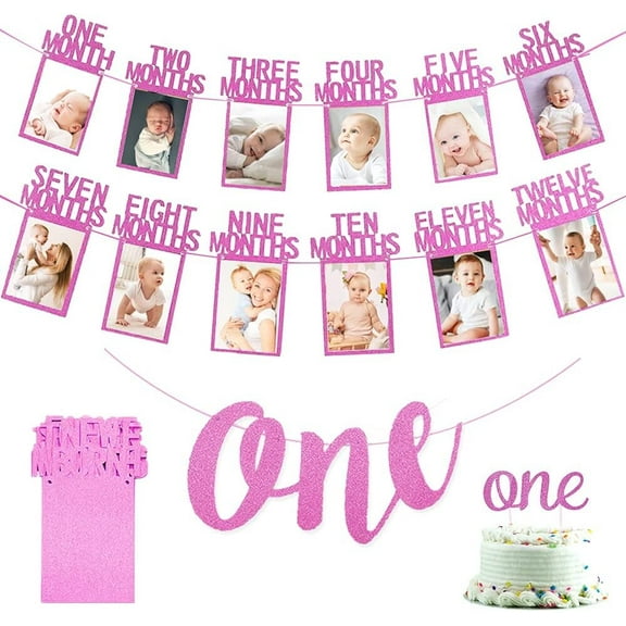 MMTX 1st Birthday Decorations, 1st Birthday Photo Banner Gold 1 to 12 Months Photo Banner One Banner One Cake Topper for Boys Girls Birthday Baby Shower Party Decorations (Pink)
