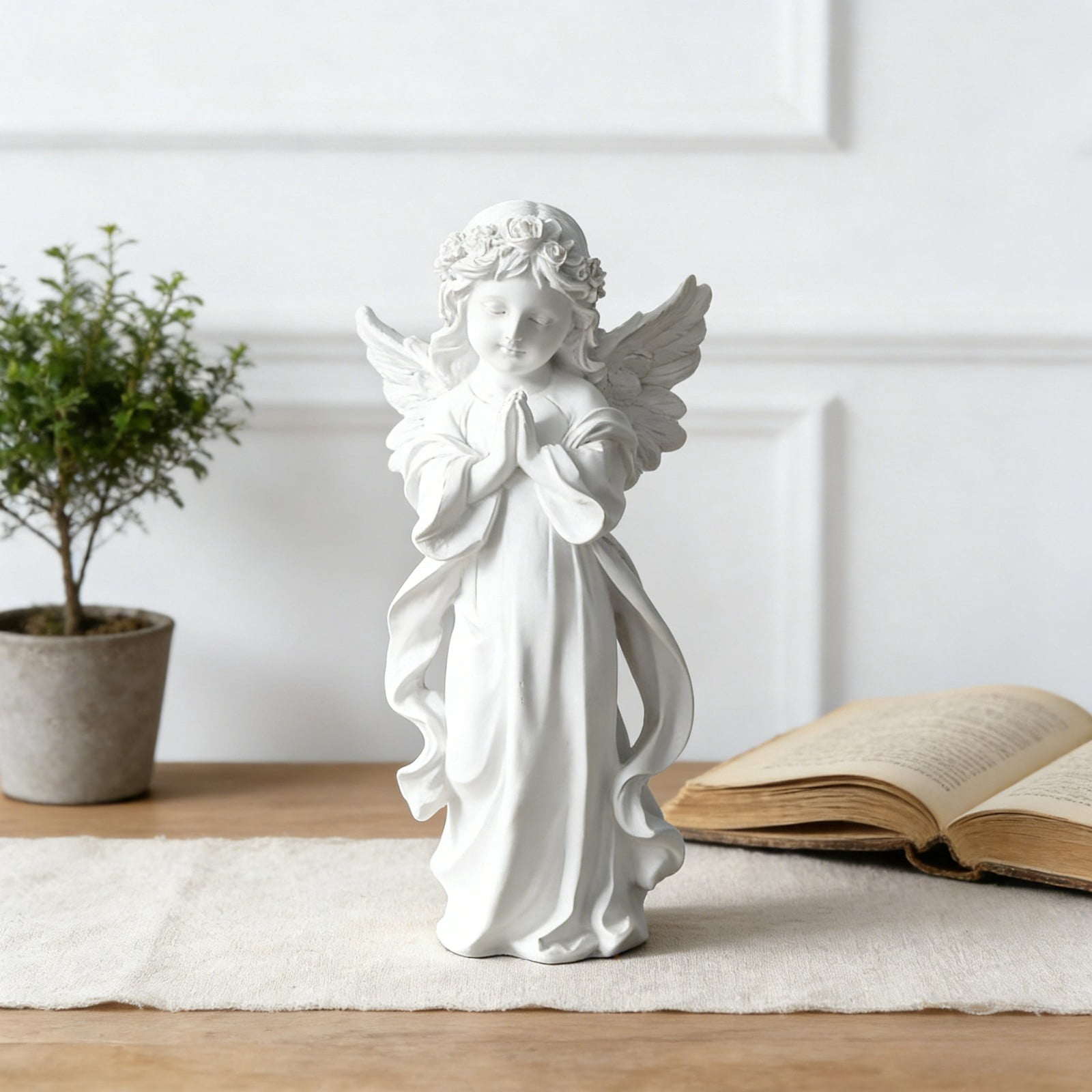 Resin Angel Figurine with Flowers - Adorable Fairy Prayer Girl Statue, Cherub Sculpture for Outdoor Garden, Indoor Shelf, Cabinets, and Home Decor Ornaments