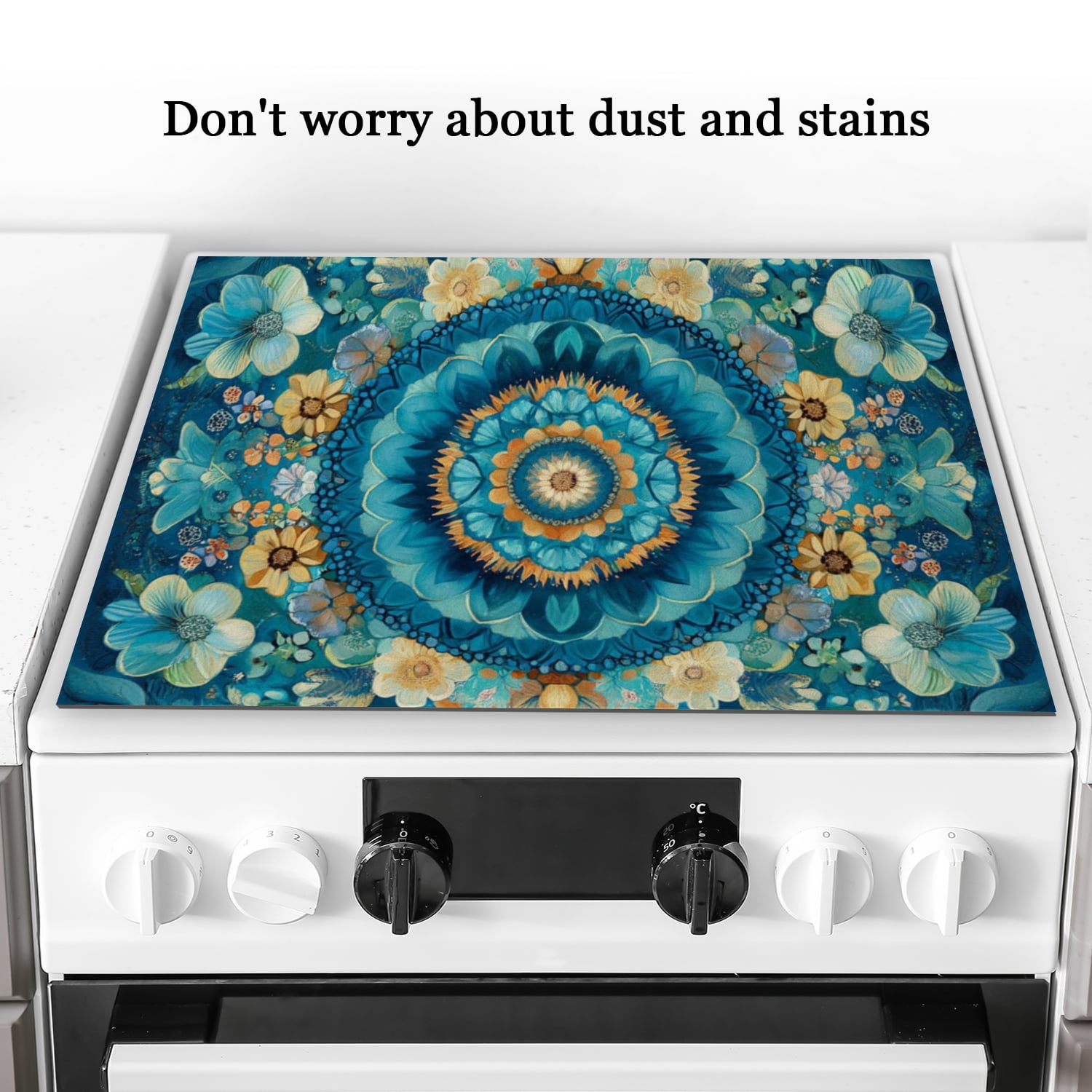 Stove Covers for Gas Burners Stoves, Blue Yellow Flowers Mandala Multipurpose Durable Cooktop Protector, Square Foldable Decorative Pad for Kitchen RV (28×20 Inch)