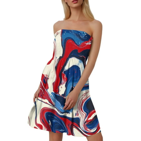 CHCNHAC Summer Dresses for Women 2025 4th Of July Patriotic Dresses Stars and Stripes Graphic Elegant Flowy Swing Strapless Beach Dress Red XL