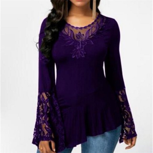 Blusa informal de manga larga con cuello redondo para mujer, camisa Sexy de retazos de encaje, Color liso, moda urbana, Otoño, 2022